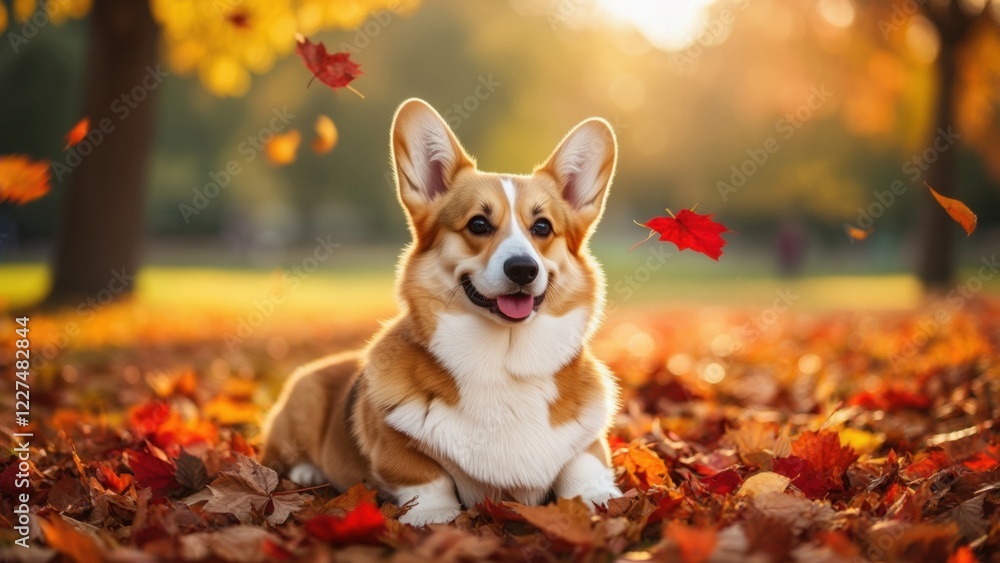 Corgi enjoys a sunny autumn day surrounded by colorful falling leaves in a park Corgi enjoys a sunny autumn day surrounded by colorful falling leaves in a park