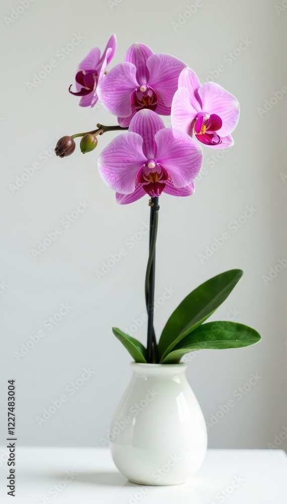Single long-stemmed orchid in a vase on white surface, stems, decoration, long Single long-stemmed orchid in a vase on white surface, stems, decoration, long