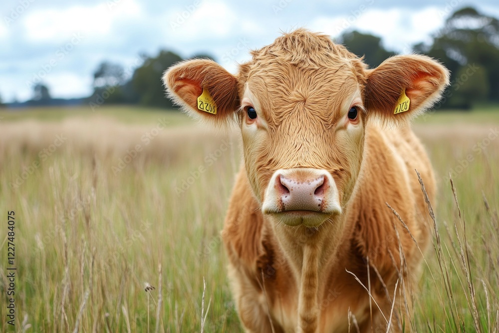 Closeup of a curious brown cow standing in a sunny green meadow Closeup of a curious brown cow standing in a sunny green meadow