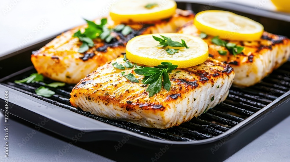 Grilled salmon fillets garnished with fresh parsley and lemon slices, served on a black grill pan, showcasing a delicious and healthy meal. Grilled salmon fillets garnished with fresh parsley and lemon slices, served on a black grill pan, showcasing a delicious and healthy meal.