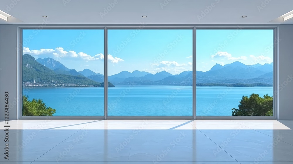 Spacious white room with large windows offering stunning views of the sea and mountains under a clear blue sky, bright interior design, modern architecture Spacious white room with large windows offering stunning views of the sea and mountains under a clear blue sky, bright interior design, modern architecture