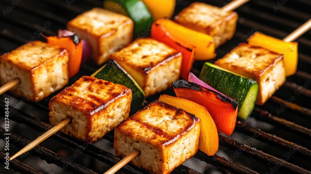 Grilled tofu and vegetable skewers sizzling on a barbecue, showcasing colorful peppers and zucchini on a wooden stick. Grilled tofu and vegetable skewers sizzling on a barbecue, showcasing colorful peppers and zucchini on a wooden stick.