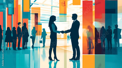 Job Candidate Networking at a Career Fair While Shaking Hands in a Vibrant Setting. Generative AI