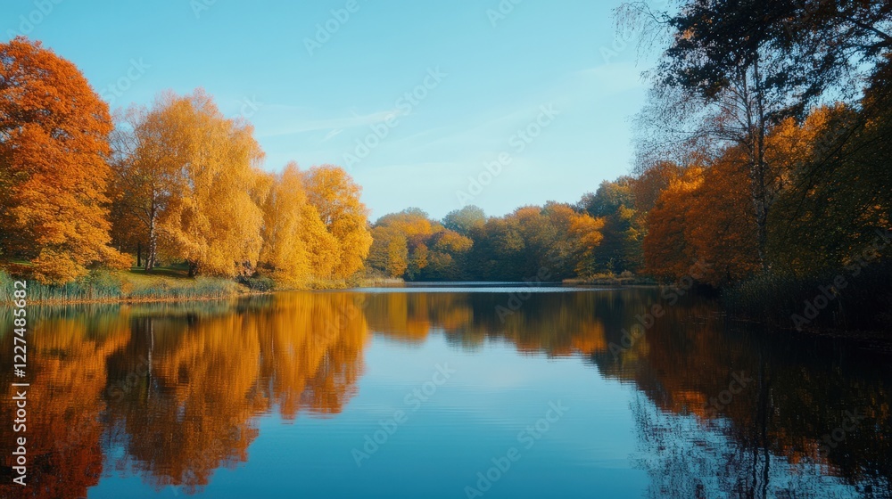 Serene Autumn Lake Surrounded by Golden Trees and Clear Blue Sky Serene Autumn Lake Surrounded by Golden Trees and Clear Blue Sky