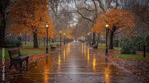 Rainy autumn park path, London, England