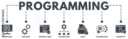 Programming banner web icon vector illustration concept with icon of computer, develop, source code, algorithm, data, technology, security 