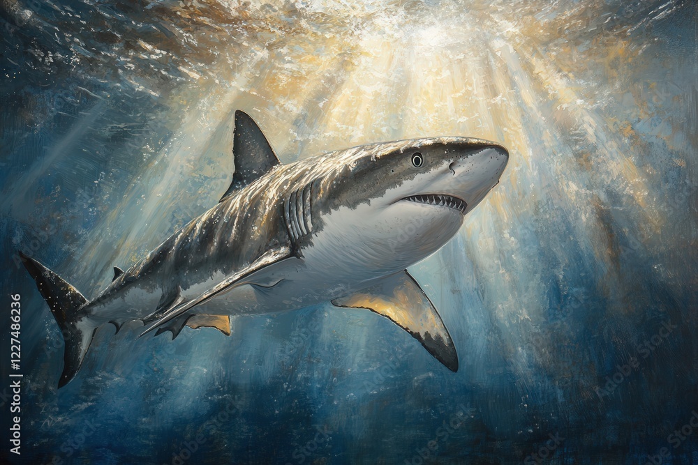 Naklejka premium The majestic shark swims through shimmering ocean waters, its movements fluid and powerful.