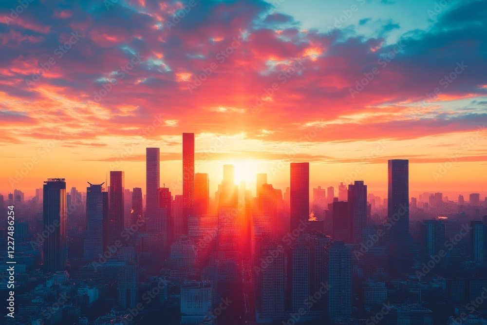 Fototapeta premium Urban skyline at sunset with vibrant orange and pink hues