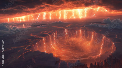 Dramatic lightning storm over Grand Canyon with fiery colors and intense atmosphere. scene captures power of nature, showcasing stunning display of light and energy