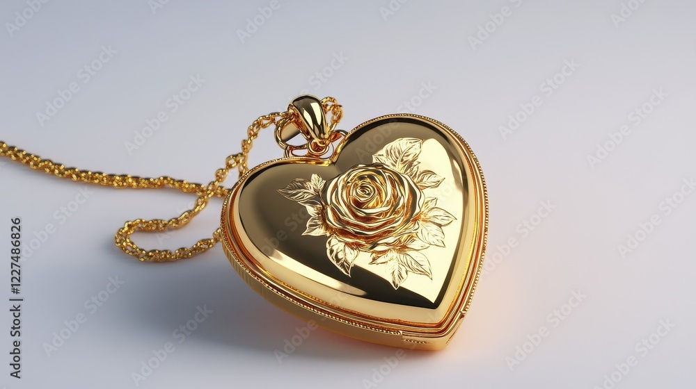 A gold heart locket with a rose engraving, luxury jewelry illustration, 3D render, isolated on white background. A gold heart locket with a rose engraving, luxury jewelry illustration, 3D render, isolated on white background.