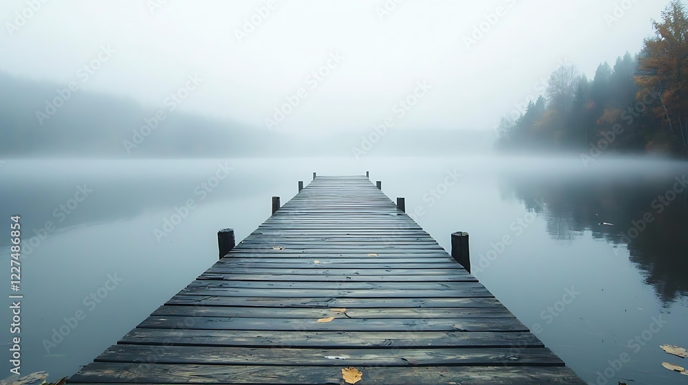 Fototapeta premium Cinematic serenity foggy lake dock tranquil landscape nature photography peaceful atmosphere wide view