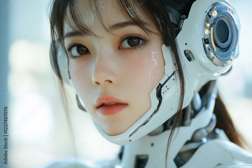 Fototapeta premium Futuristic portrait of a female cyborg with glowing details