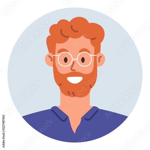 A cheerful man with red hair, beard, and eyeglasses wears a blue shirt and smiles warmly. Ideal for avatars, profiles, networking, professional identity, friendliness communication creativity. Flat