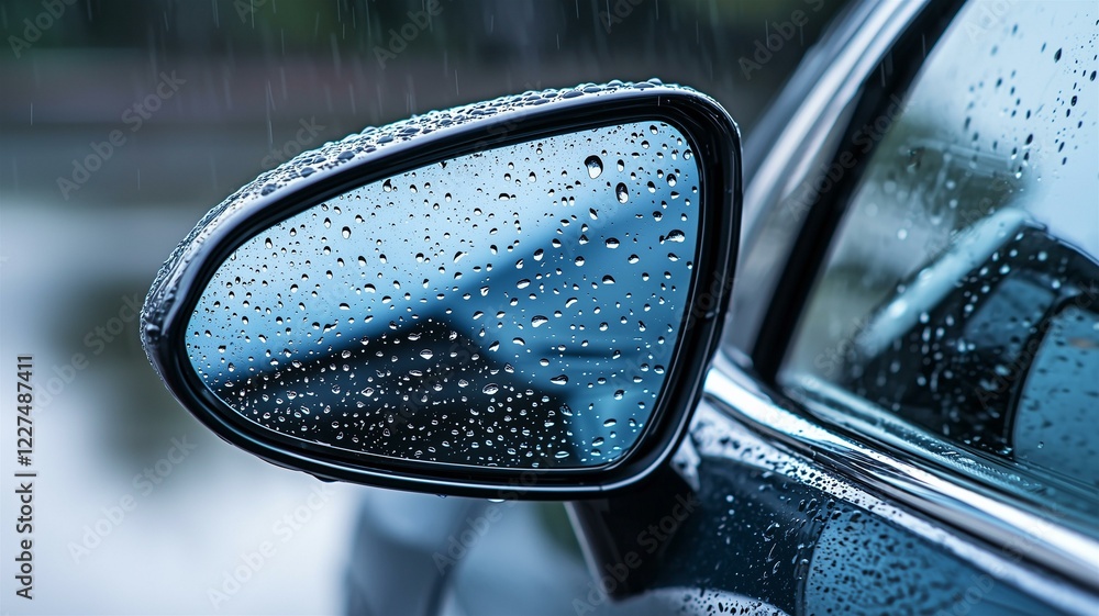 Ultra-realistic close-up of car side mirror with raindrops, showcasing sleek design and reflective detail
Ultra-realistic close-up of car side mirror with raindrops, showcasing sleek design and reflective detail