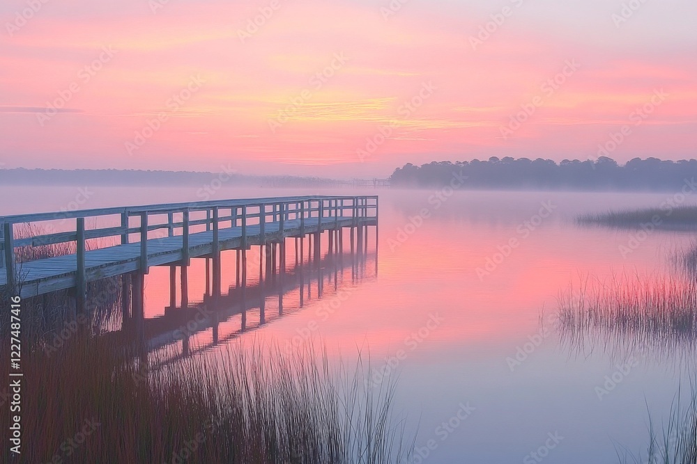 Wooden pier at sunrise with soft pink and blue hues Wooden pier at sunrise with soft pink and blue hues