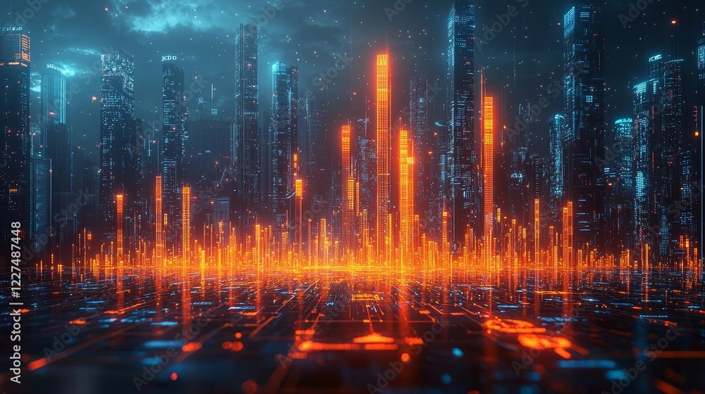 Obraz premium Vibrant Digital Marketplace with Glowing Financial Charts Graphs and Currencies in a Futuristic Virtual Space