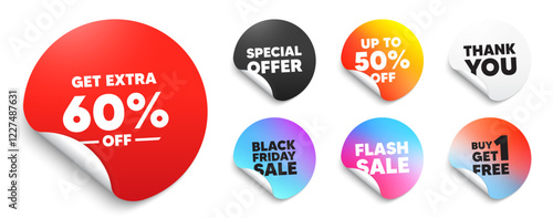 Extra discount red sticker tag. Special offer paper price tags. Get Extra 60 percent off Sale. Discount offer price sign. Special offer symbol. Save 60 percentages. Vector