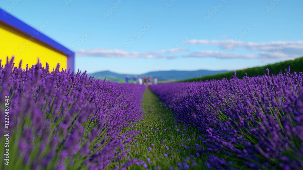 Naklejka premium Playful Street Football Match Taking Place in Vibrant Lavender Field Under Clear Blue Sky