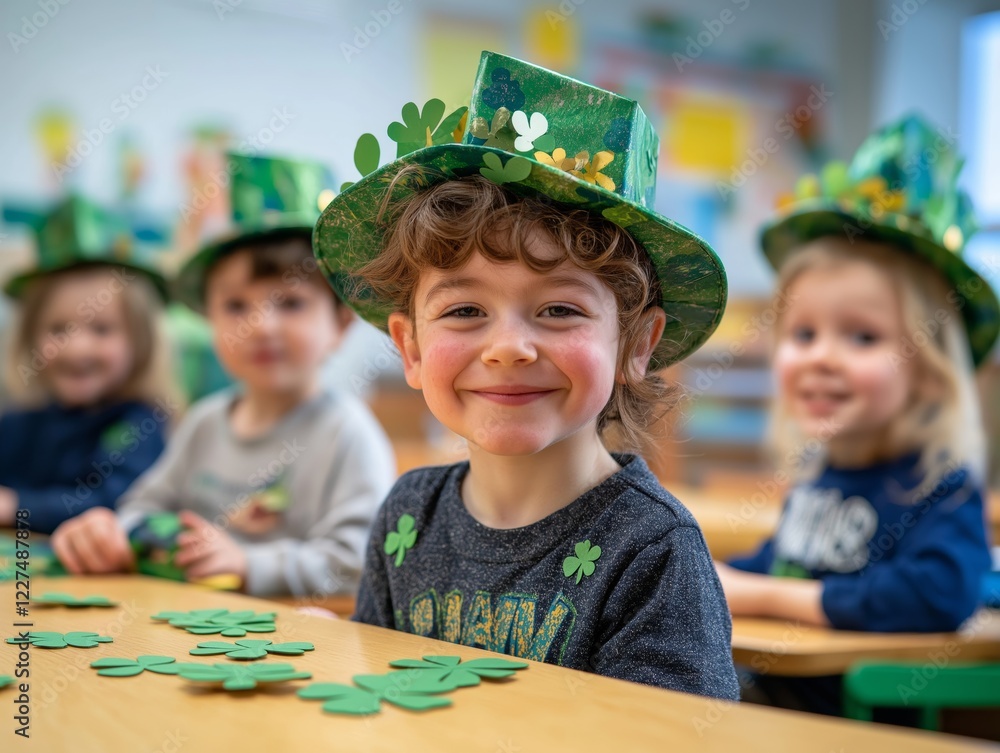 Fototapeta premium Children crafting paper shamrocks and leprechaun hats at a classroom St Patricks Day activity