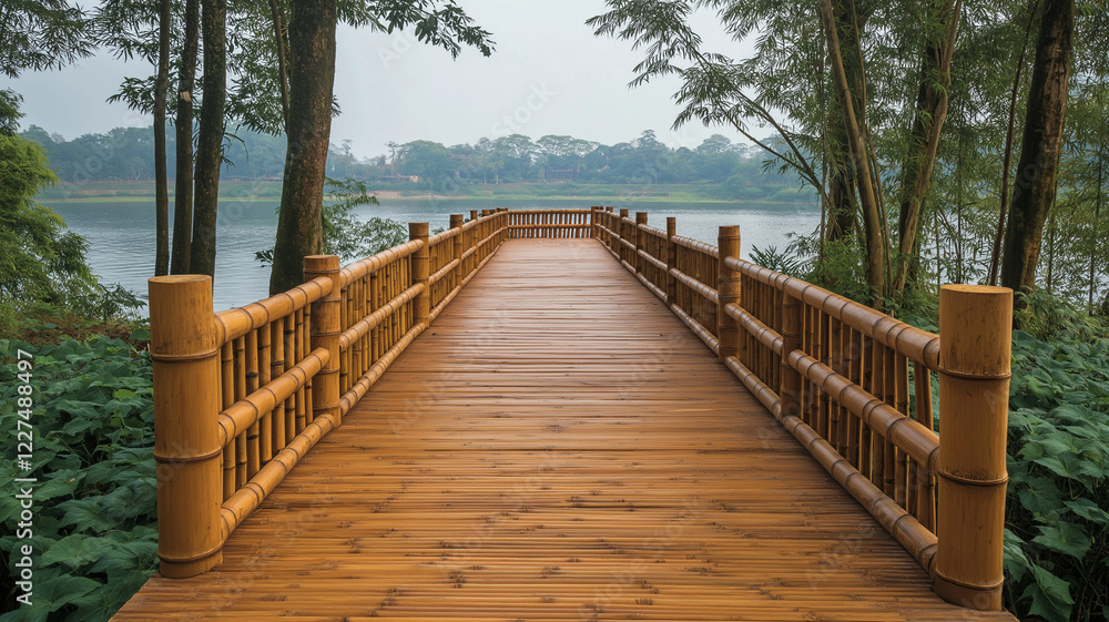 Fototapeta premium modern sustainable bamboo bridge extends over serene lake, surrounded by lush greenery and trees. This tranquil setting invites peaceful reflection and connection with nature