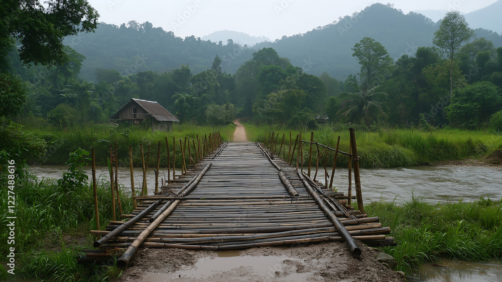 Fototapeta premium modern sustainable bamboo bridge spans river, surrounded by lush greenery and mountains. tranquil scene evokes sense of peace and harmony with nature