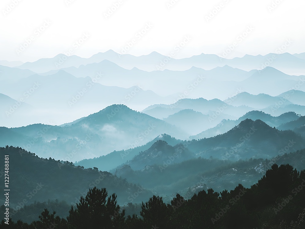 Fototapeta premium Cinematic mountain landscape serenity in nature scenic view majestic peaks atmospheric layers