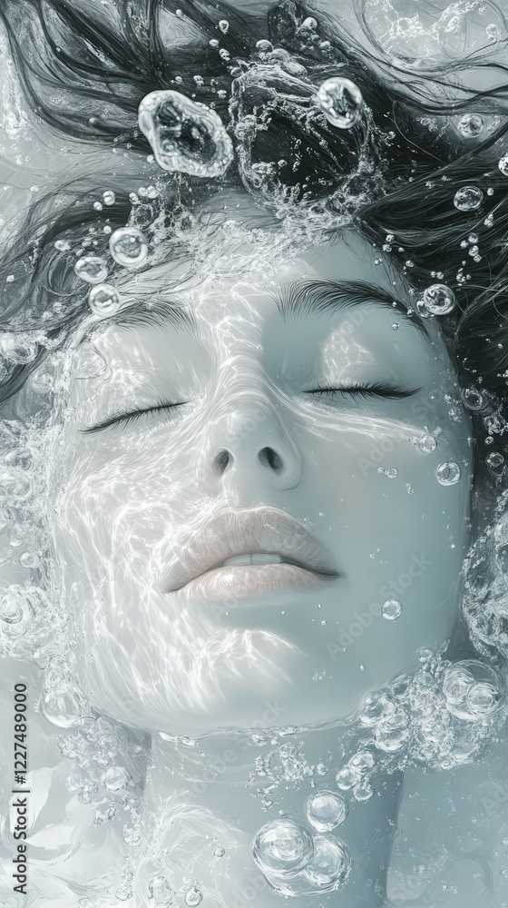 The underwater portrait of a womans face, her eyes closed and expression serene, as soft bubbles float around her. The underwater portrait of a womans face, her eyes closed and expression serene, as soft bubbles float around her.