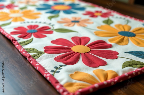 A patchwork table runner with a bold floral pattern, close-up view. creativity hobby and handicrafts, diy, background for design.