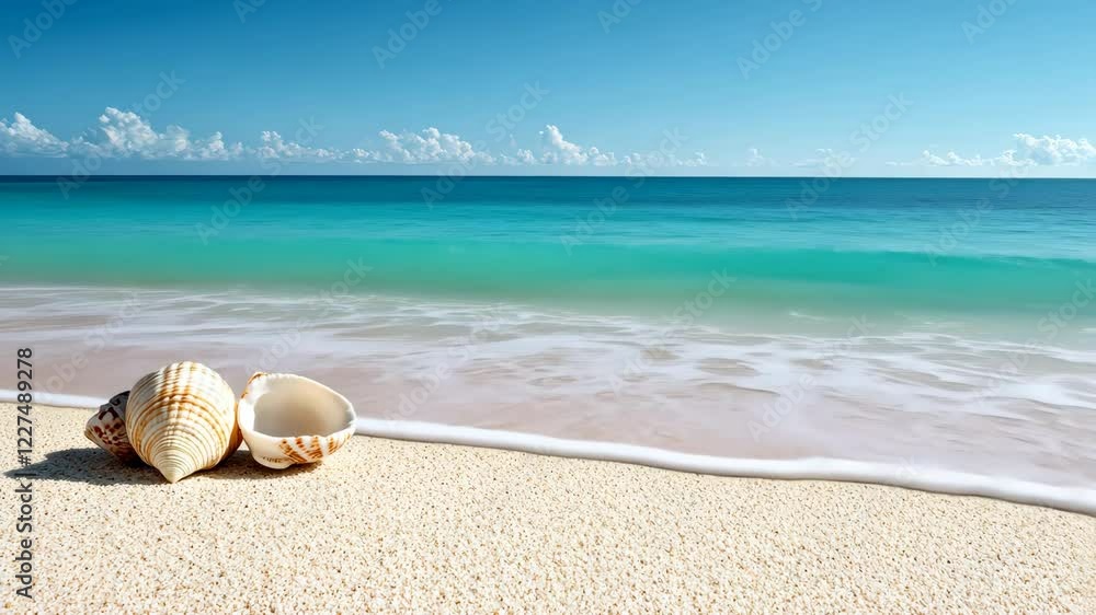 Serene Beach Scene Seashells on Soft Sand, Gentle Waves, and Clear Sky Over Ocean Water Serene Beach Scene Seashells on Soft Sand, Gentle Waves, and Clear Sky Over Ocean Water