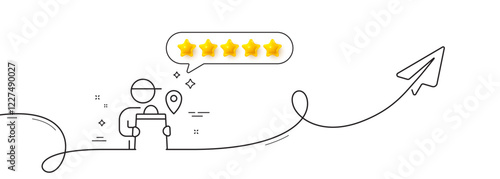 Delivery man line icon. Continuous line with share plane. Courier location sign. Order delivery symbol. Five star rate review in speech bubble. Delivery man single line ribbon. Vector