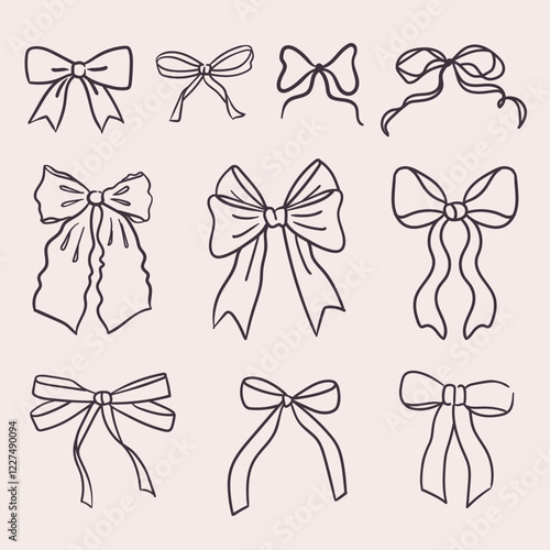 Hand drawn vector illustration with cartoon doodle bow knots, gift ribbons. Trendy hair braiding accessory