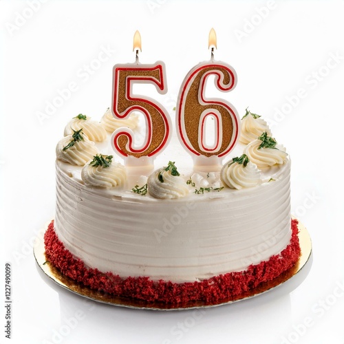 Decorated white cake for birthday or anniversary party, candle number 56, white background photo