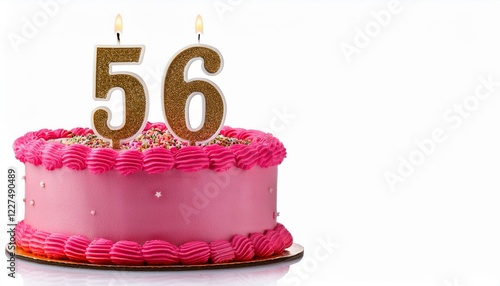 Decorated pink cake for birthday or anniversary party, candle number 56, white background photo