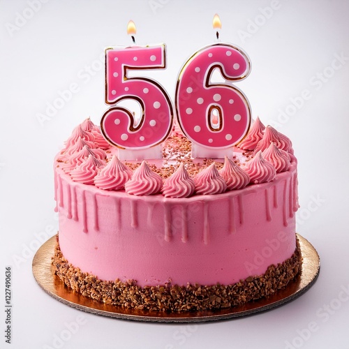 Decorated pink cake for birthday or anniversary party, candle number 56, white background photo