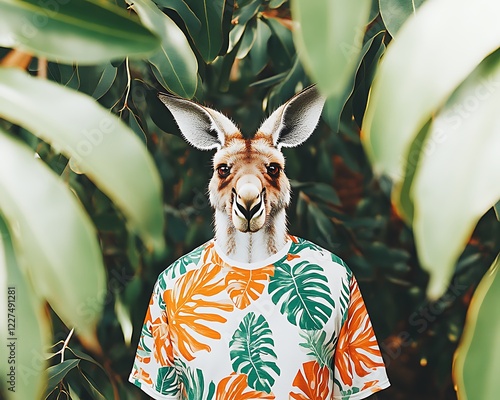 Kangaroo man, tropical shirt, foliage, hiding, summer photo