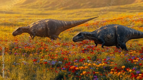 Pair of Dryosauruses Grazing a Meadow Filled with Flowers photo