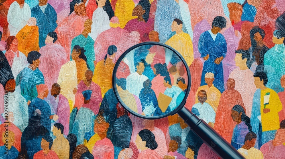 Fototapeta premium Colorful Abstract Crowd Scene with Magnifying Glass Focus Effect
