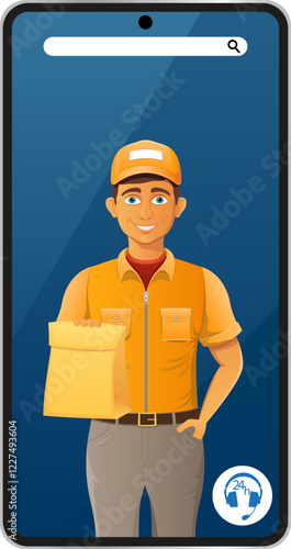 delivery man by phone courier service vector illustration isolated on white background