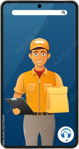 delivery man by phone courier service vector illustration isolated on white background