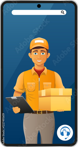 delivery man by phone courier service vector illustration isolated on white background
