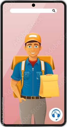 delivery man by phone courier service vector illustration isolated on white background