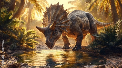 Protoceratops Drinking a Desert Oasis at Sunrise photo