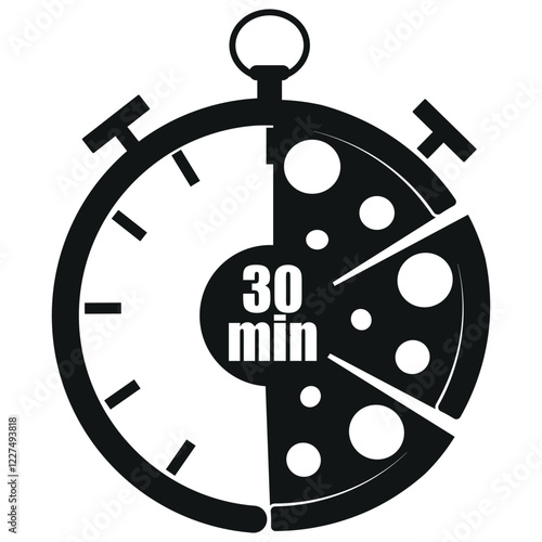 
original black and white icon for delivery service with a stopwatch dial and pizza slices and 30 minutes signaling the time of delivery of products, for posters, banners or stickers