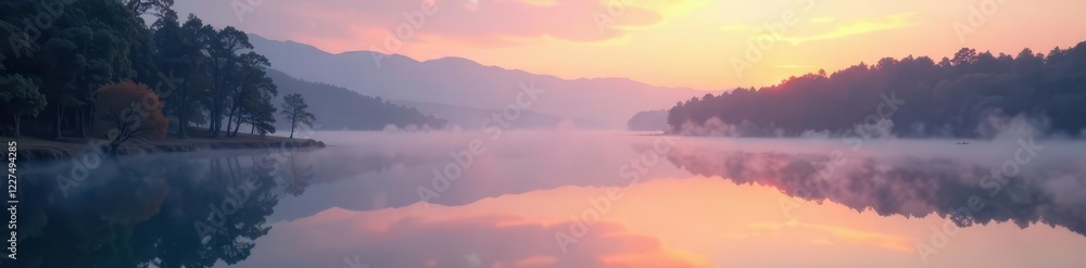 Softly glowing mist rises over a serene lake at dawn, morning, peaceful, landscape Softly glowing mist rises over a serene lake at dawn, morning, peaceful, landscape