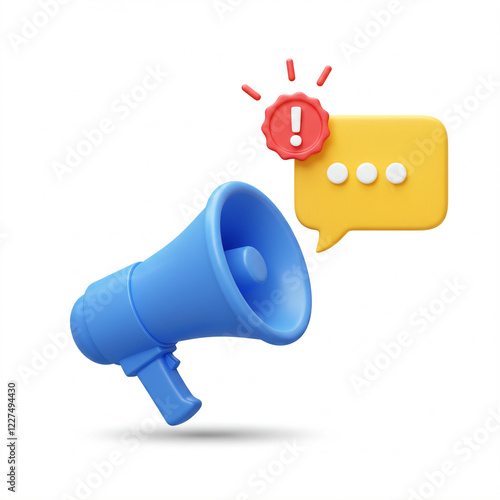 Blue megaphone with a yellow speech bubble and red exclamation icon.