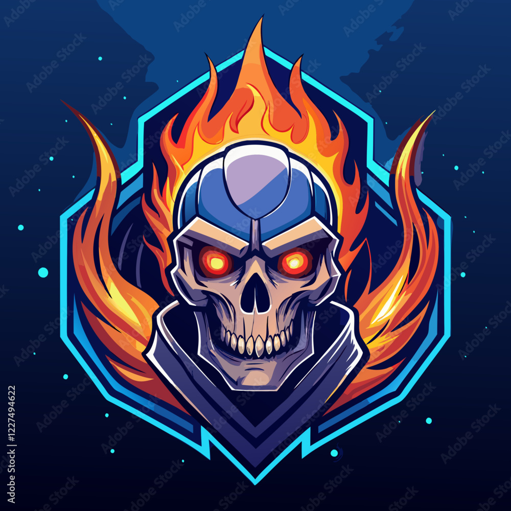 Flaming skull esports logo with sci-fi elements featuring vibrant colors and glowing details Flaming skull esports logo with sci-fi elements featuring vibrant colors and glowing details