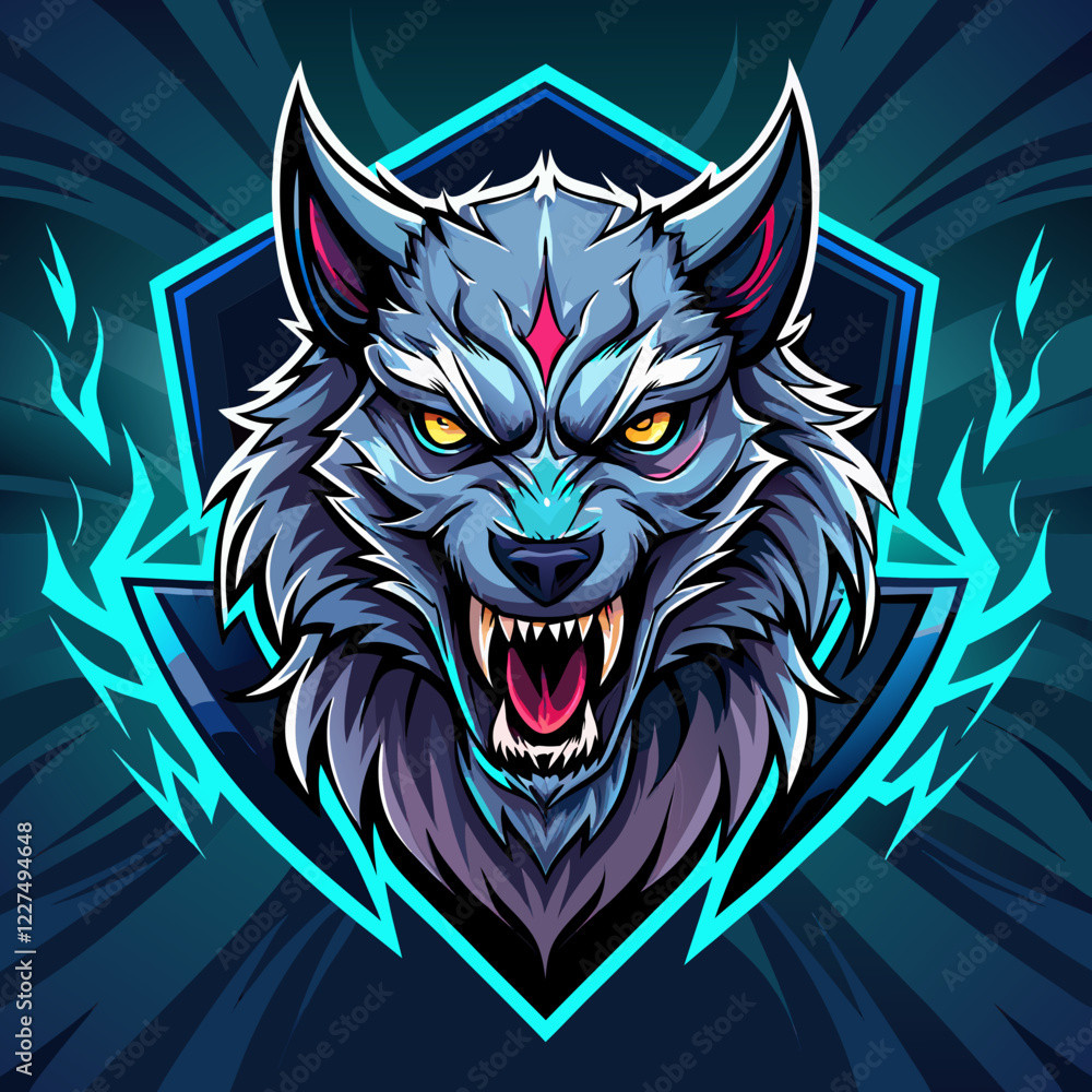 Fototapeta premium Mythical werewolf esports logo featuring glowing ancient runes and fierce expression