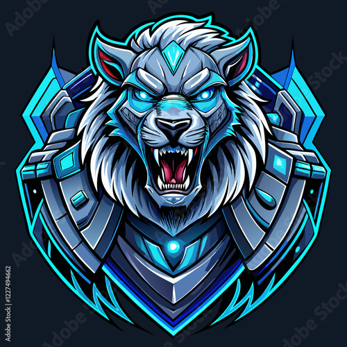 Mechanical lion esports logo featuring sharp metal plating and neon blue accents