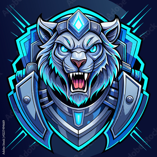 Mechanical lion logo featuring sharp metal plating and neon blue accents ideal for esports branding and identity