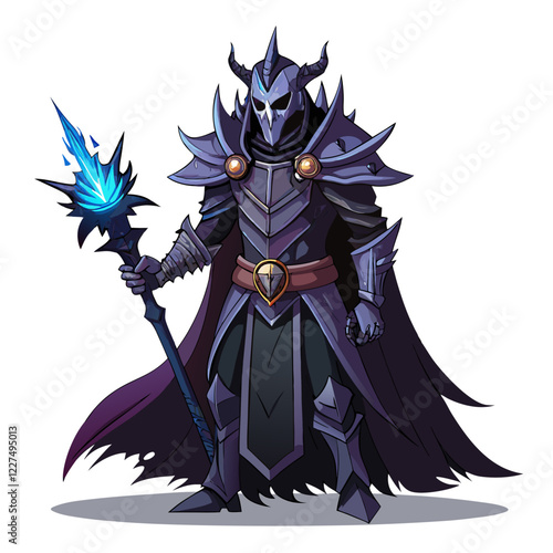 Mysterious dark paladin in gothic armor with an esports logo features a striking blue staff